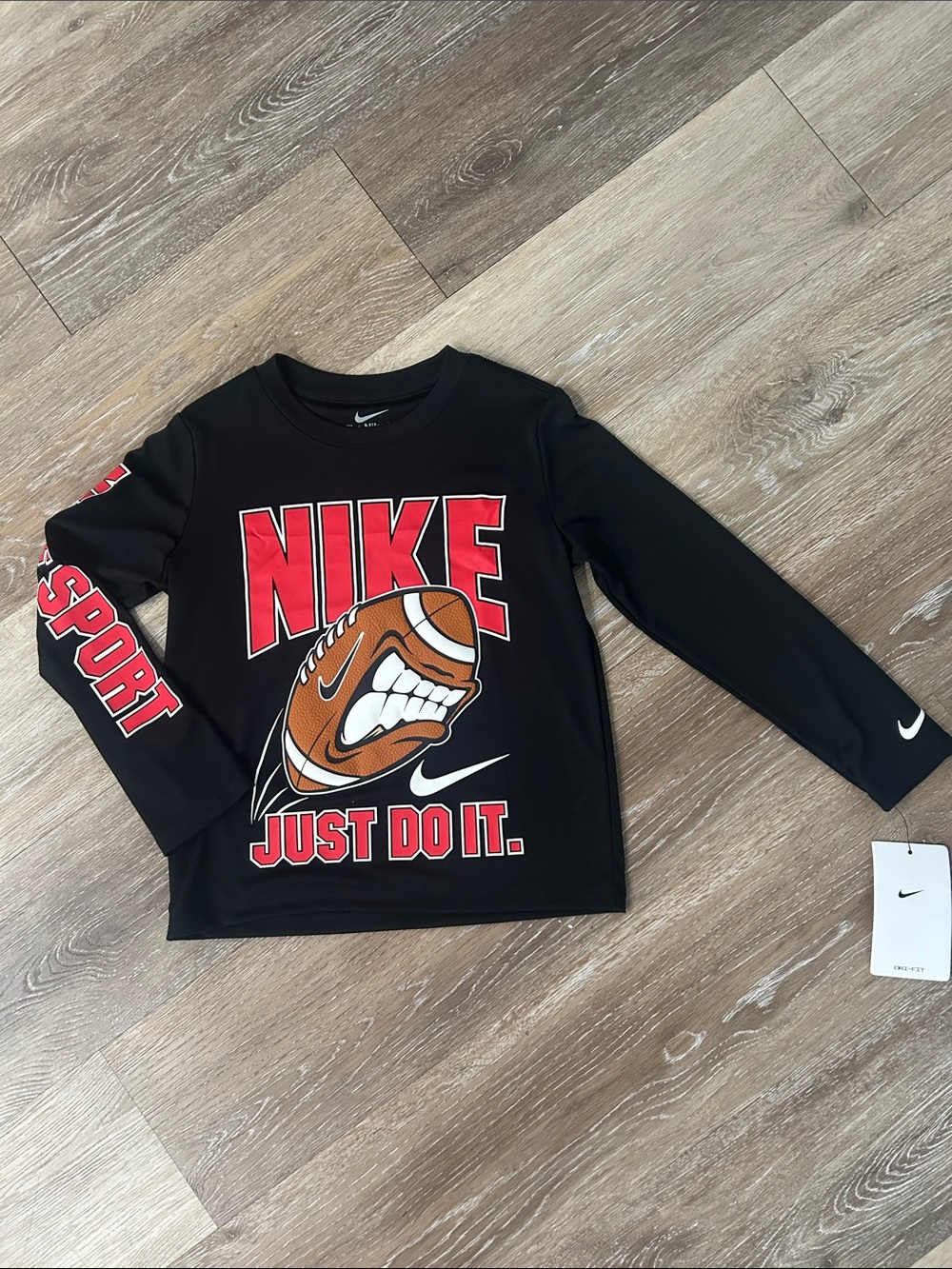 NEW Nike Black Long-Sleeve Tee with Red Logo & Football Graphic